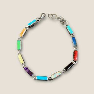 Sterling Silver Multi-Gemstone Bracelet With Opal & Turquoise Lapis